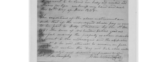 Receipt for sale of Jane_ age 18_ and her son_ Henry_ age 1 and all future children_ December 20_ 1849]
